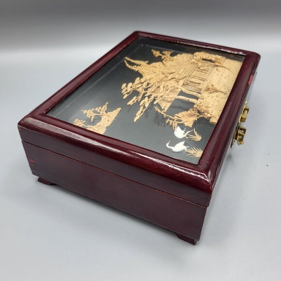 Vintage Chinese Hand Carved Cork Diorama Jewelry Box Red Lining Wood Box SEE - Picture 11 of 16